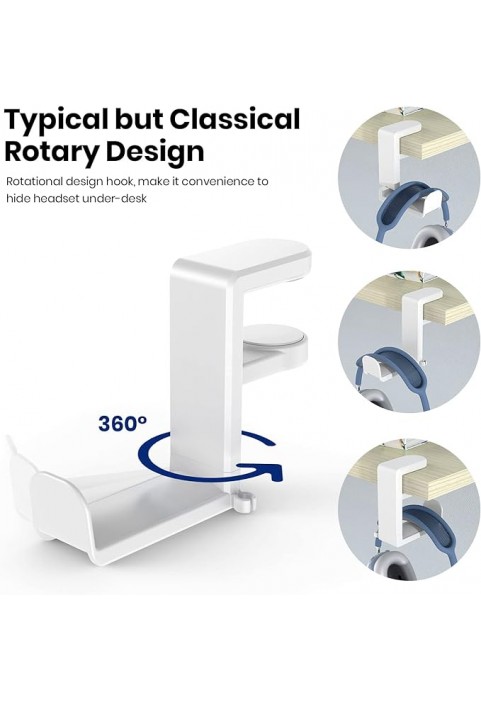 HS717 - Protective Headphone Hook Stand Hanger with Adjustable Swivel Arm Clip - Single - White